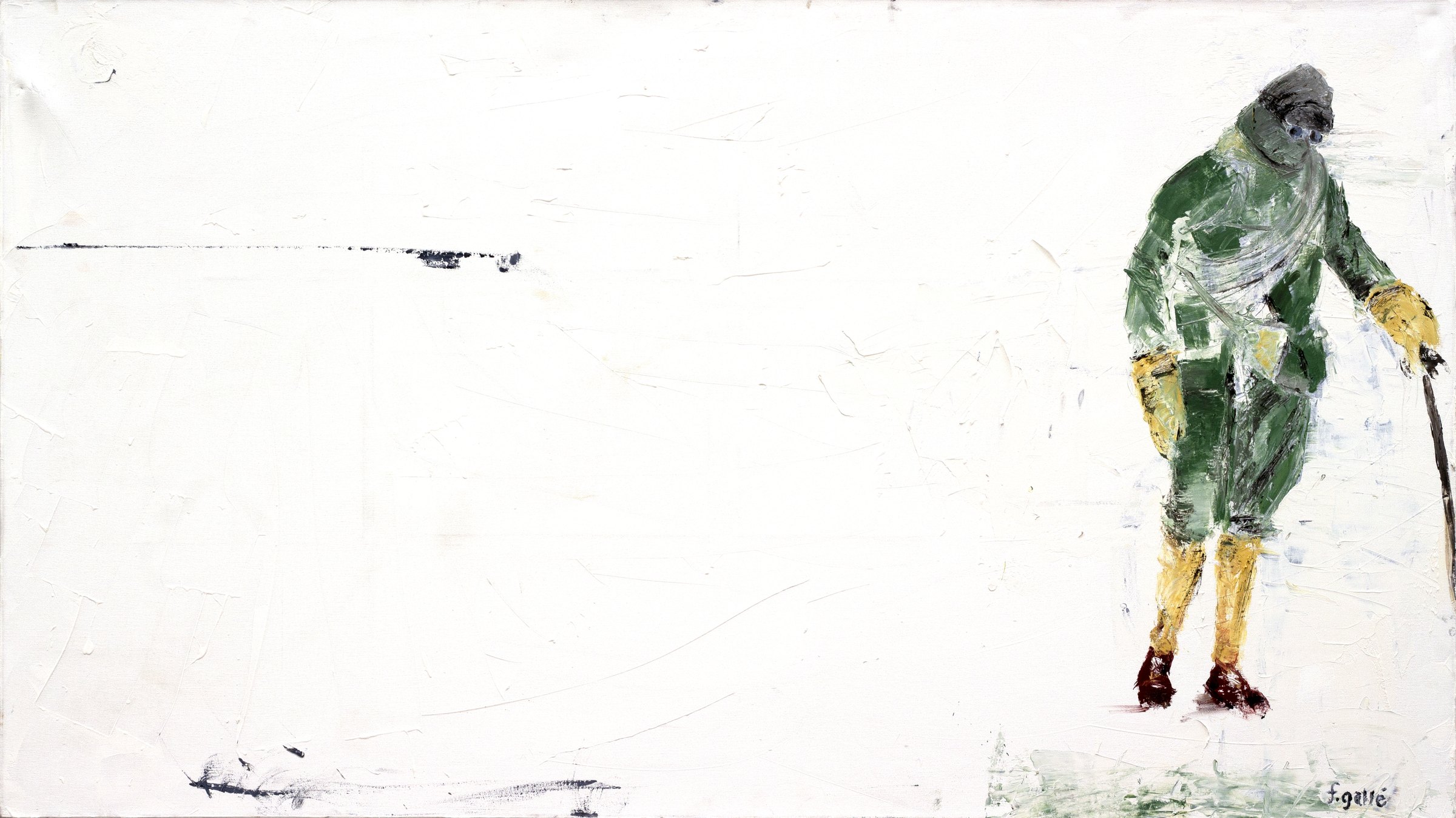 Explorer by Francesco Gallé: a lone figure in green and yellow on a white ground