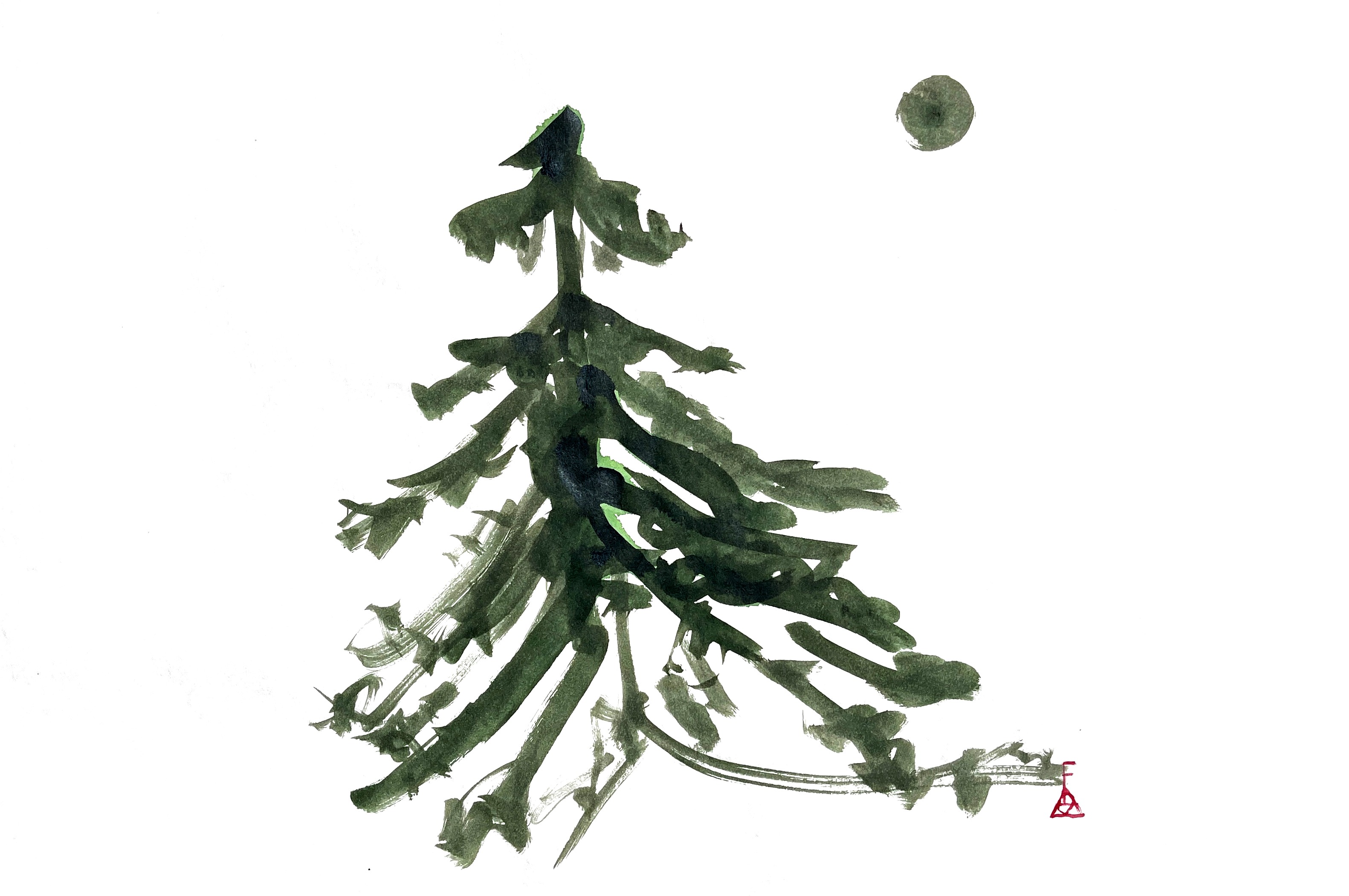 Ink study of a pine under the moon