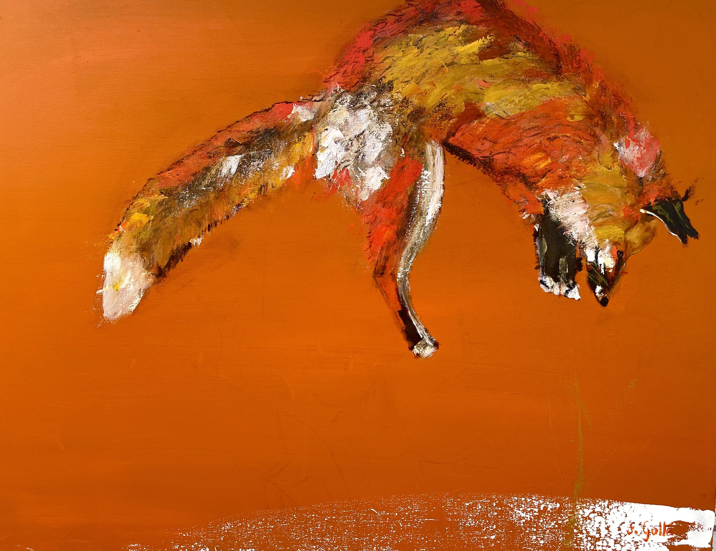 A leaping red fox by Francesco Gallé, on a vivid orange ground