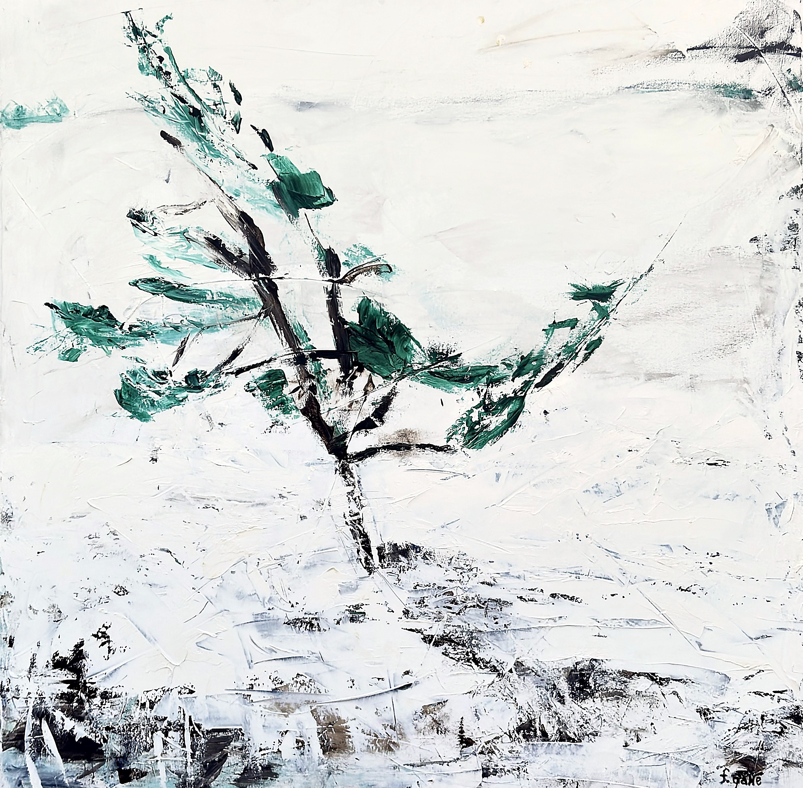 A windswept tree by Francesco Gallé, in teal and black on a pale ground